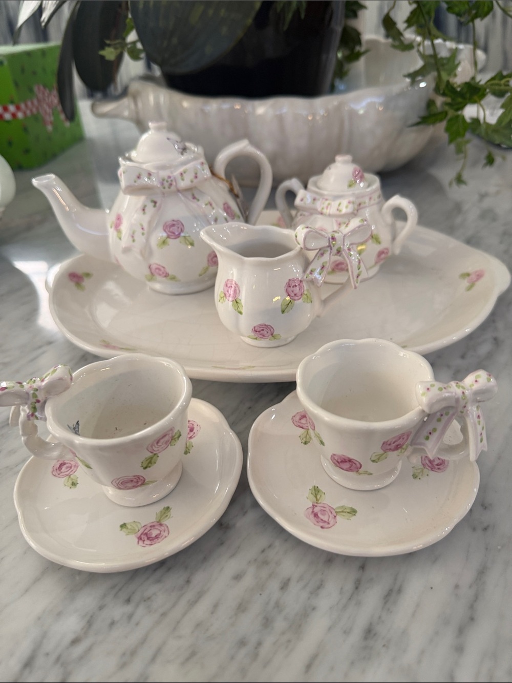 Porcelain Mini Tea Set with Pink Rose Motif